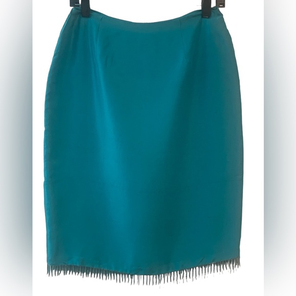S. L. B. 100% Silk Women’s Skirt With Tiny Beaded Fringe Turquoise Lined Size 6 - Picture 1 of 4
